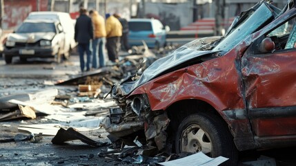 Car accident victim filling out insurance claim paperwork next to a damaged vehicle.