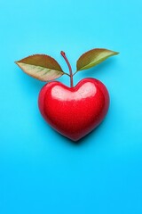 Obraz premium Vibrant 3D render of a glossy red apple with green leaves against a striking blue background representing health nutrition and food symbolism in a conceptual stock illustration