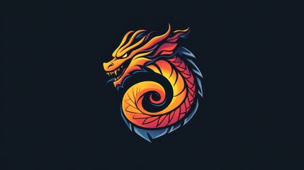 Fiery Dragon Coiled, Dark Background, Gaming Logo