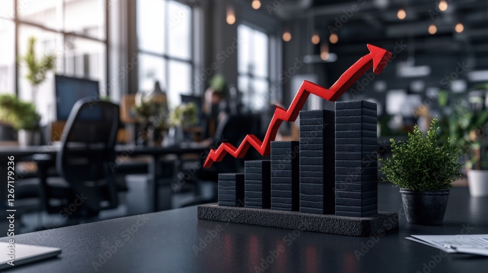 Poster red arrow on black table with bold stacked bar graphs in contemporary office setting for business an