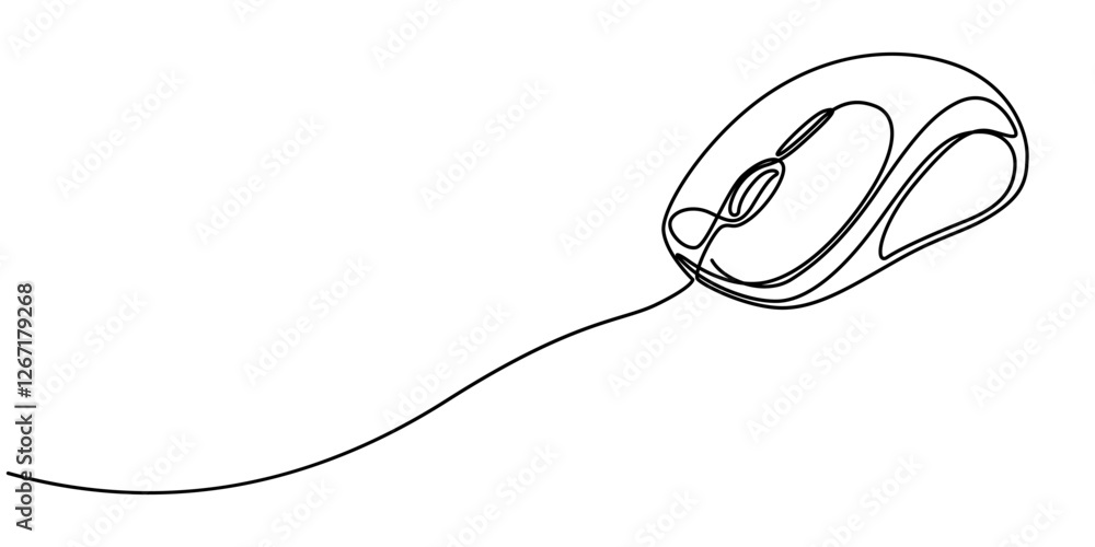 Poster computer mouse continuous one line drawing, drawn continuous one line computer mouse logo. vector il