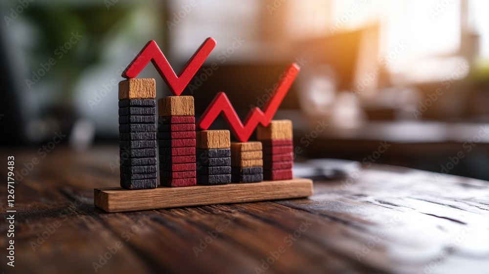 Poster wooden block with red arrow on top in contemporary office with stacked bar graphs on display