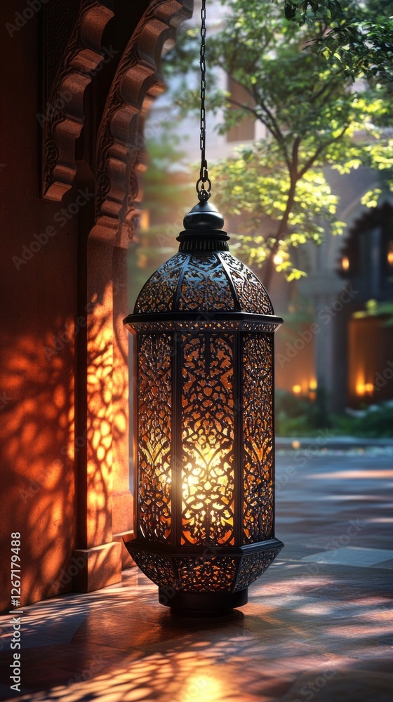 Poster soft light emanates from a beautifully crafted lantern, casting intricate patterns on the stone surf