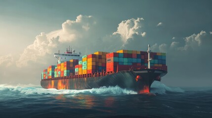 Cargo Ship Sailing Through Dramatic Ocean
