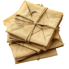 Stack of brown envelopes tied with twine. These rustic and eco-friendly envelopes are perfect for mailing and organizing documents, isolated on transparent background, png.

