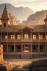 Fototapeta premium Ancient and classic building with architecture blending Greek design, pyramids and Borobudur temple. Blurred background of rocky mountains and sky.