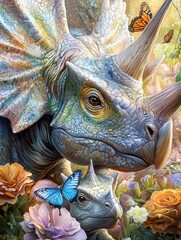 Fototapeta premium Playful baby Triceratops explore a vibrant meadow filled with flowers and butterflies in soft morning light