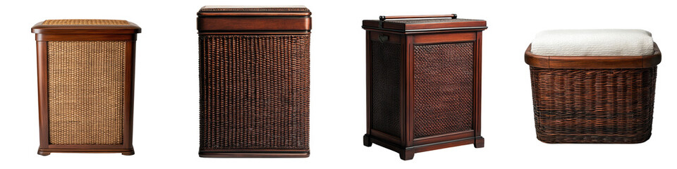 Assortment of classic and traditional wicker rattan storage furniture pieces including baskets chests trunks and containers for home decor organization and household use
