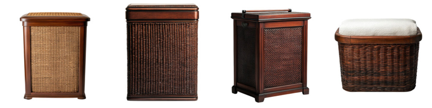 Assortment of classic and traditional wicker rattan storage furniture pieces including baskets chests trunks and containers for home decor organization and household use