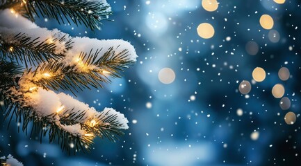 Winter Wonderland: A frosted evergreen branch adorned with twinkling fairy lights glows softly against a backdrop of falling snowflakes and shimmering bokeh lights.