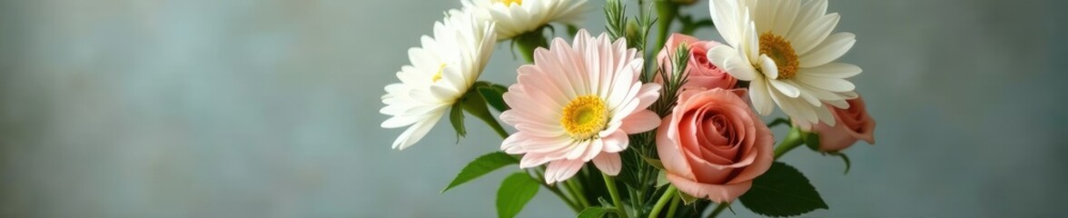 Fototapeta premium White chrysanthemum blooms sit on top of a glass vase filled with fresh cut roses and a few sprigs of rosemary, fragrant, vase