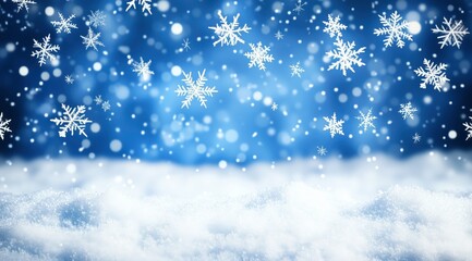 Winter Wonderland: A mesmerizing snowfall scene with intricately detailed snowflakes falling against a deep blue backdrop, creating a magical winter atmosphere.