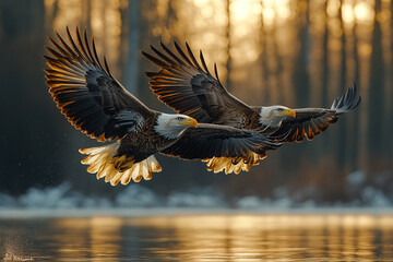 Synchronized Flight Two Bald Eagles