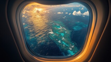 Naklejka premium Aerial View of Ocean and Coral Reef at Sunset from Airplane Window