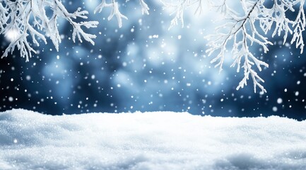 Winter Wonderland: A frosty, snow-covered landscape bathed in the ethereal glow of a winter snowfall, with delicate snow-covered branches framing the scene. The soft.