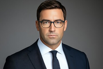 Confident businessman in formal suit wearing glasses serious expression leadership concept professional executive portrait in corporate setting