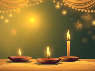 Festive Lights Illuminate Diyas and a Candle