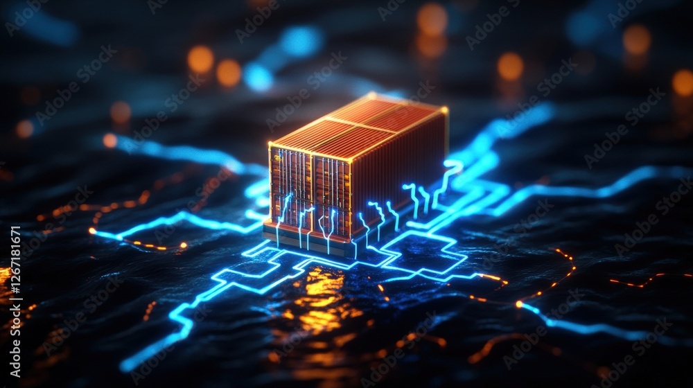 Poster computer processor with glowing blue and orange lights on a dark background with a cargo ship in the
