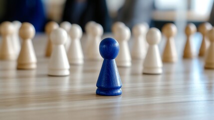 A solitary blue game piece stands out among white pieces on a wooden table