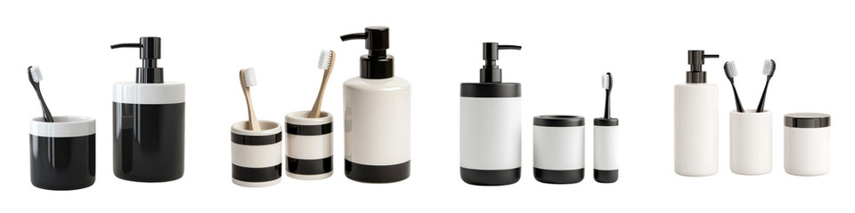 Obraz premium Elegant Arrangement of Stylish Bathroom Vanity Accessories and Toiletries on a Clean White Background Includes Soap Dispenser Toothbrush Holder Cotton Swab Jar and Other Personal Care Items