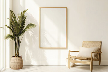 thin gold empty frame mocup on a light-colored background