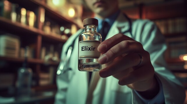 A man in a white lab coat is holding a clear bottle of Elixir in a dark room