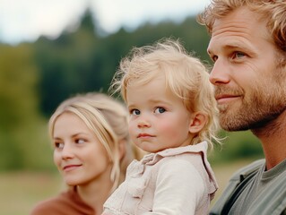 Fototapeta premium Father holding young daughter with loving expression in rural outdoor setting warm family bond and natural parenting moment under soft golden light