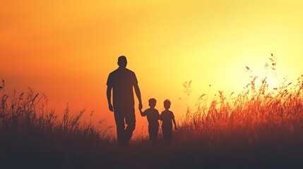 Fototapeta premium Silhouette of a Father and Son Walking Hand-in-Hand at Sunset