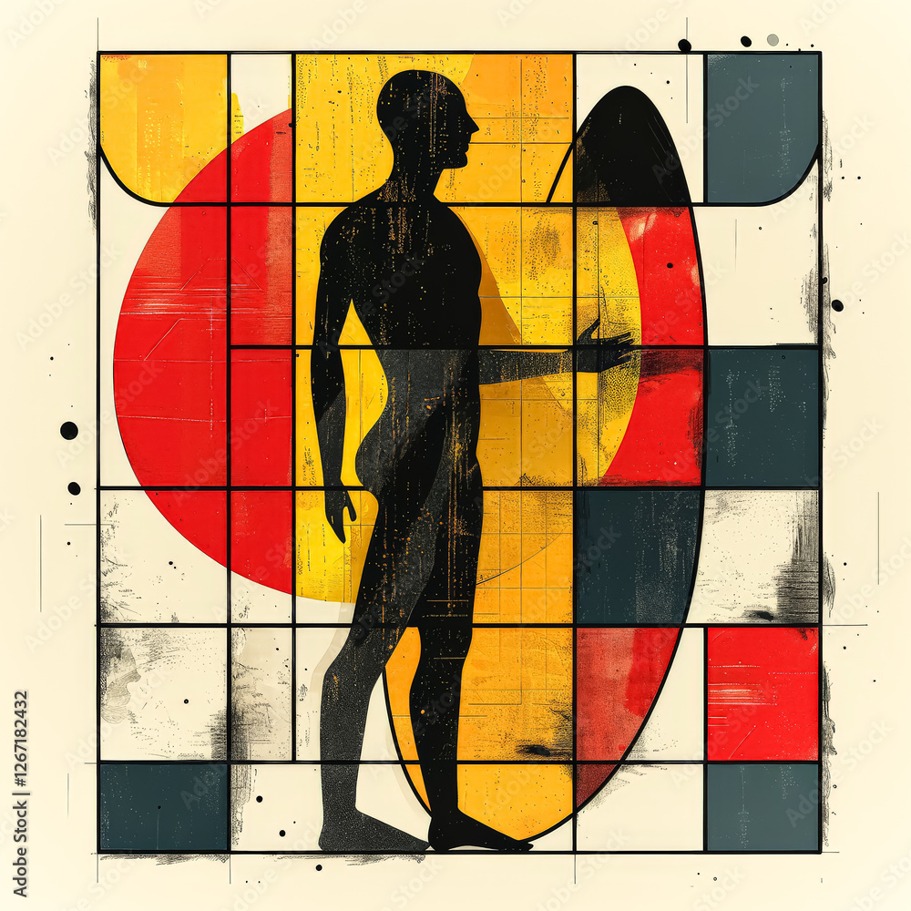 Poster man is standing in front of a red circle
