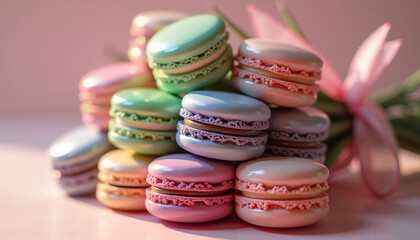 Fototapeta premium Colorful macarons stacked with ribbon background