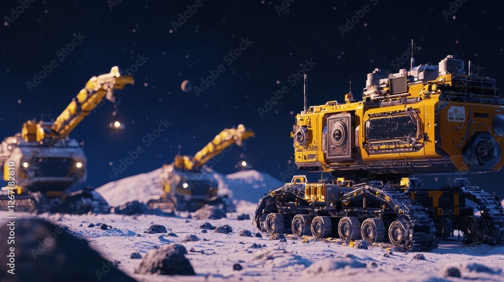 Poster a futuristic space mining operation on an asteroid with robotic arms.