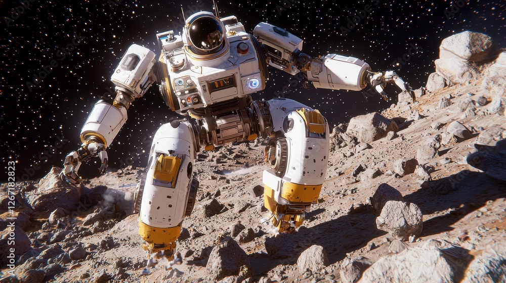 Poster a futuristic space mining operation on an asteroid with robotic arms.
