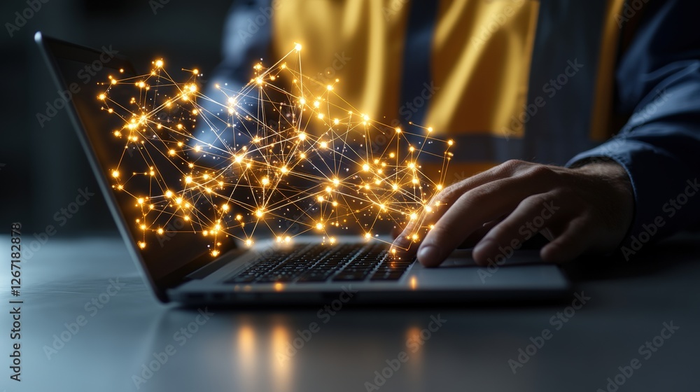 Aufkleber person using laptop computer with digital network interface in industrial workspace setting
