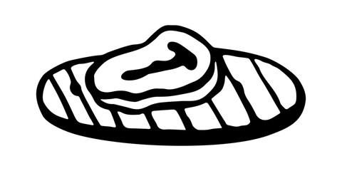 black and white graphic image of steak, with vein, on wooden board