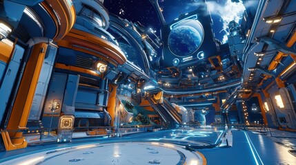 Fototapeta premium A futuristic space station orbiting a distant exoplanet, glowing with artificial lights.