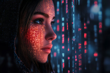 face of a woman with binar code