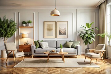 Fototapeta premium Minimalist Modern Living Room with Poster Frame Mockup - Scandinavian Design 3D Render
