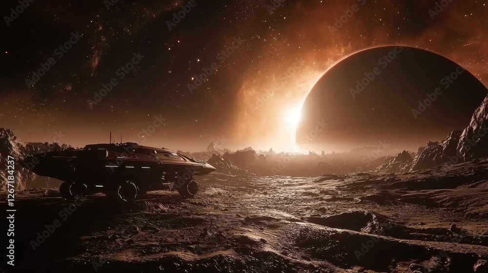 Poster a high-tech space rover exploring the dark surface of a mysterious planet.