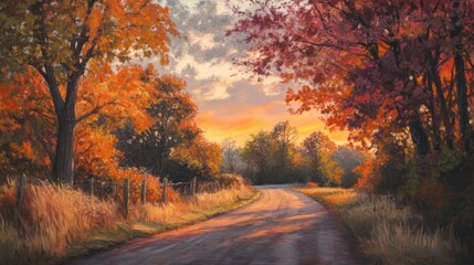 Obraz premium Golden Hour Drive, A Painted Autumn Landscape of Serenity and Beauty