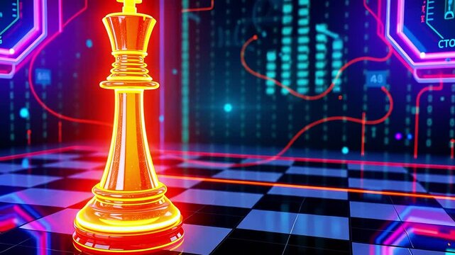 Futuristic chess scene featuring a glowing king piece on a digital board with vibrant background