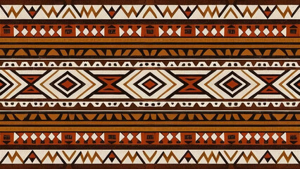 Seamless tribal geometric pattern with earthy tones, featuring symmetrical lines and ethnic motifs. Ideal for textiles, backgrounds, and decor.