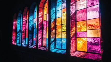 Colorful stained glass windows in a dark church interior
