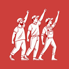 A heroic representation of laborers standing together for justice on a red solid background flat vector illustration
