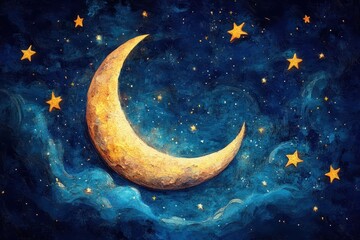 Naklejka premium Crescent moon and twinkling stars in a serene night sky scene