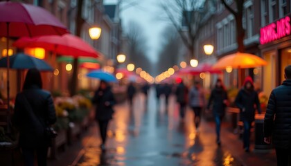 Fototapeta premium Rainy City Street, People Walking, Colorful Umbrellas, Dusk