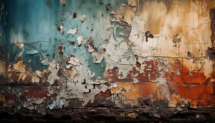 Fototapeta premium A grungy urban wall texture with soot marks, peeling paint, and layered dirt patterns.