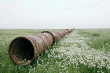 Obraz premium Corroded metal gas pipe lying in a field of wildflowers under an overcast sky