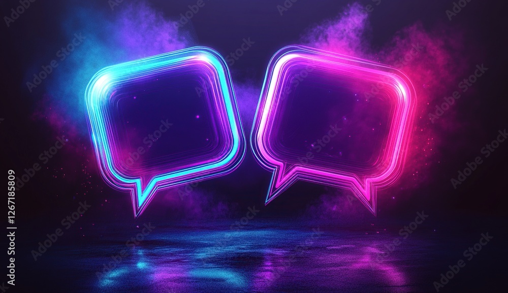 Poster neon glowing speech bubbles: abstract 3d render with vivid colors and smoke effects in dark backgrou
