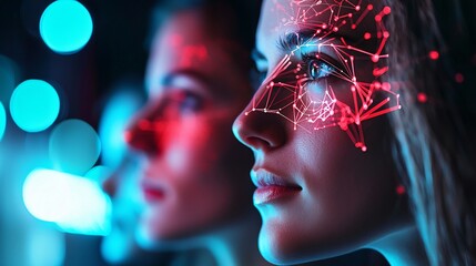 Woman Profile with Futuristic Digital Network Overlay on Face in Blue Lighting