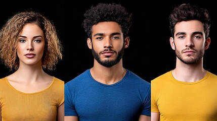 Fototapeta premium Group of three young people in black and yellow outfits against dark gradient background serious expressions stylish minimalism urban fashion concept edgy attitude